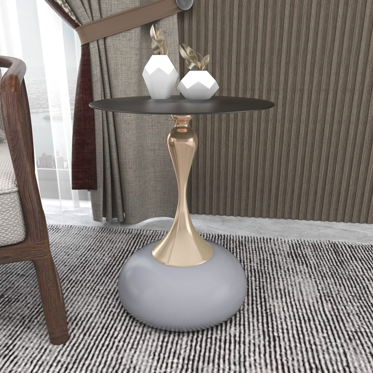 Savoy Wide Side Table with Stainless Steel Top Round Accent Table and Elegant Pedestal Base Black Stone Black Side Table LeisureMod