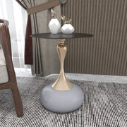 Savoy Wide Side Table with Stainless Steel Top Round Accent Table and Elegant Pedestal Base Black Stone Black Side Table LeisureMod