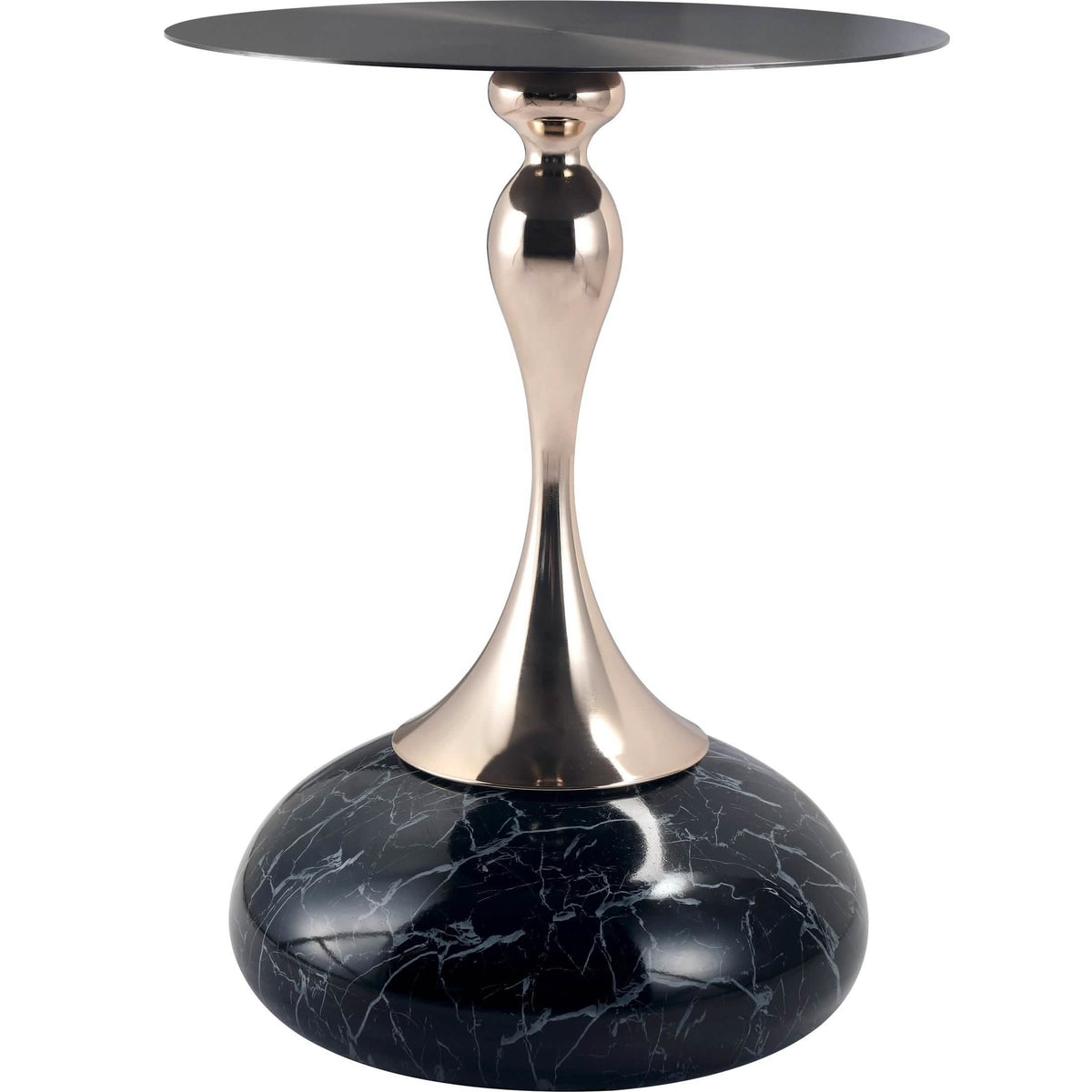 Savoy Wide Side Table with Stainless Steel Top Round Accent Table and Elegant Pedestal Base Black Stone Black Side Table LeisureMod