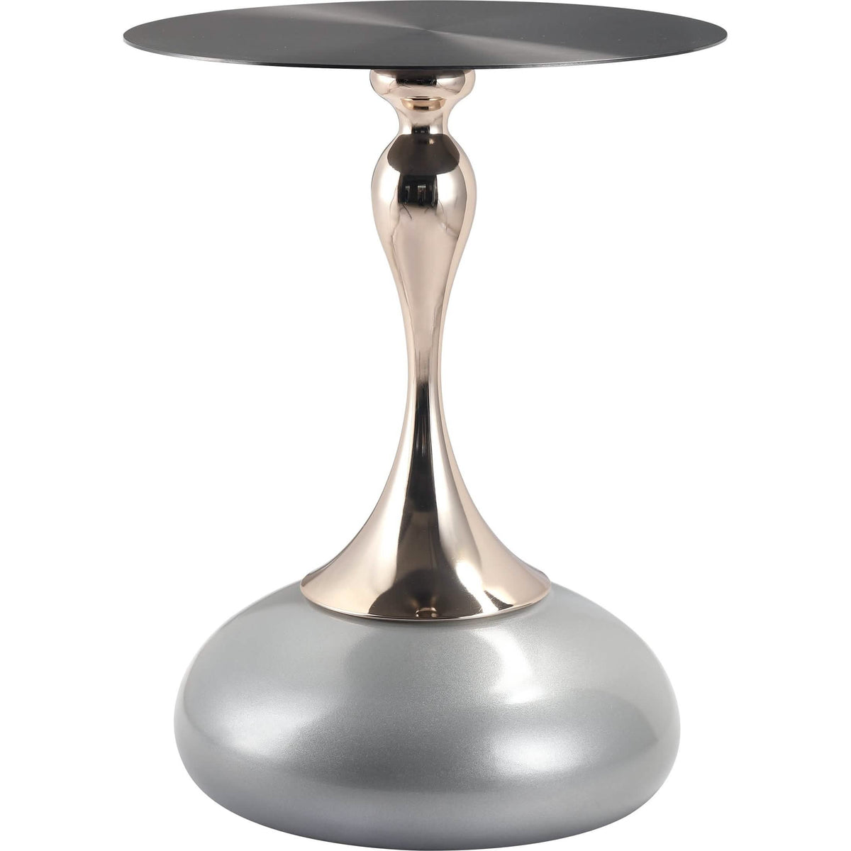 Savoy Wide Side Table with Stainless Steel Top Round Accent Table and Elegant Pedestal Base Black Silver Side Table LeisureMod