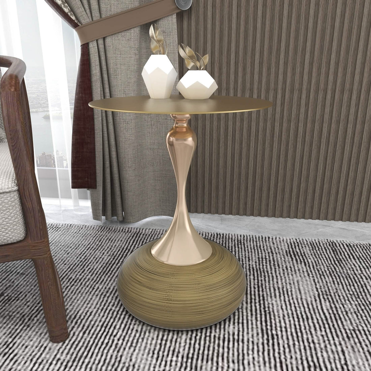 Savoy Wide Side Table with Stainless Steel Top Round Accent Table and Elegant Pedestal Base Black Shiny Black Side Table LeisureMod