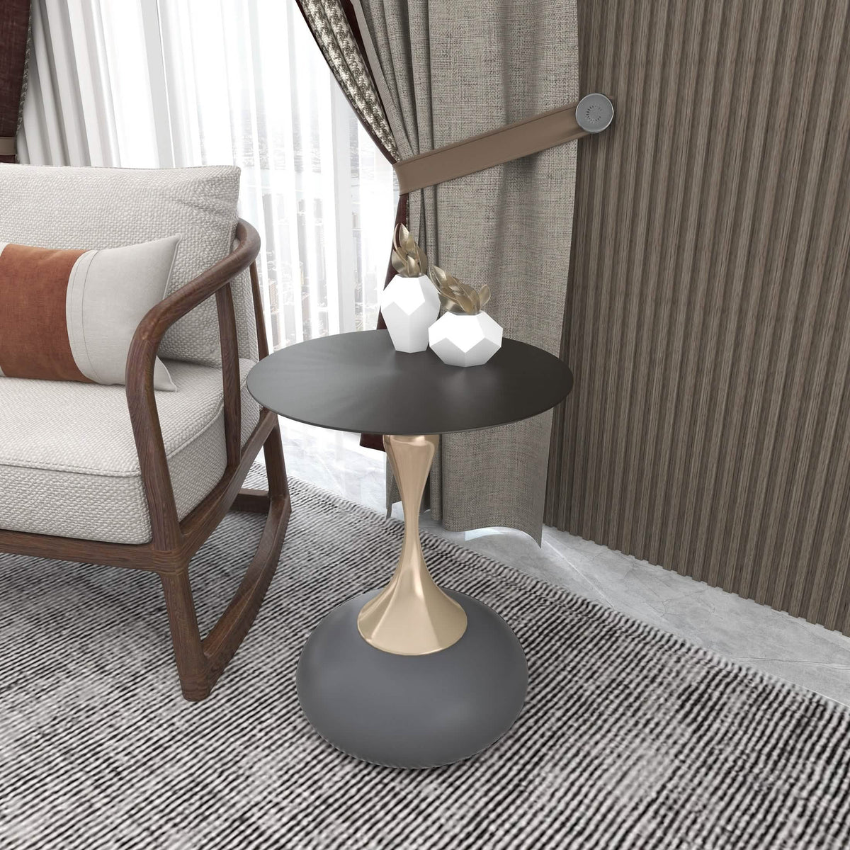 Savoy Wide Side Table with Stainless Steel Top Round Accent Table and Elegant Pedestal Base Black Grey Side Table LeisureMod