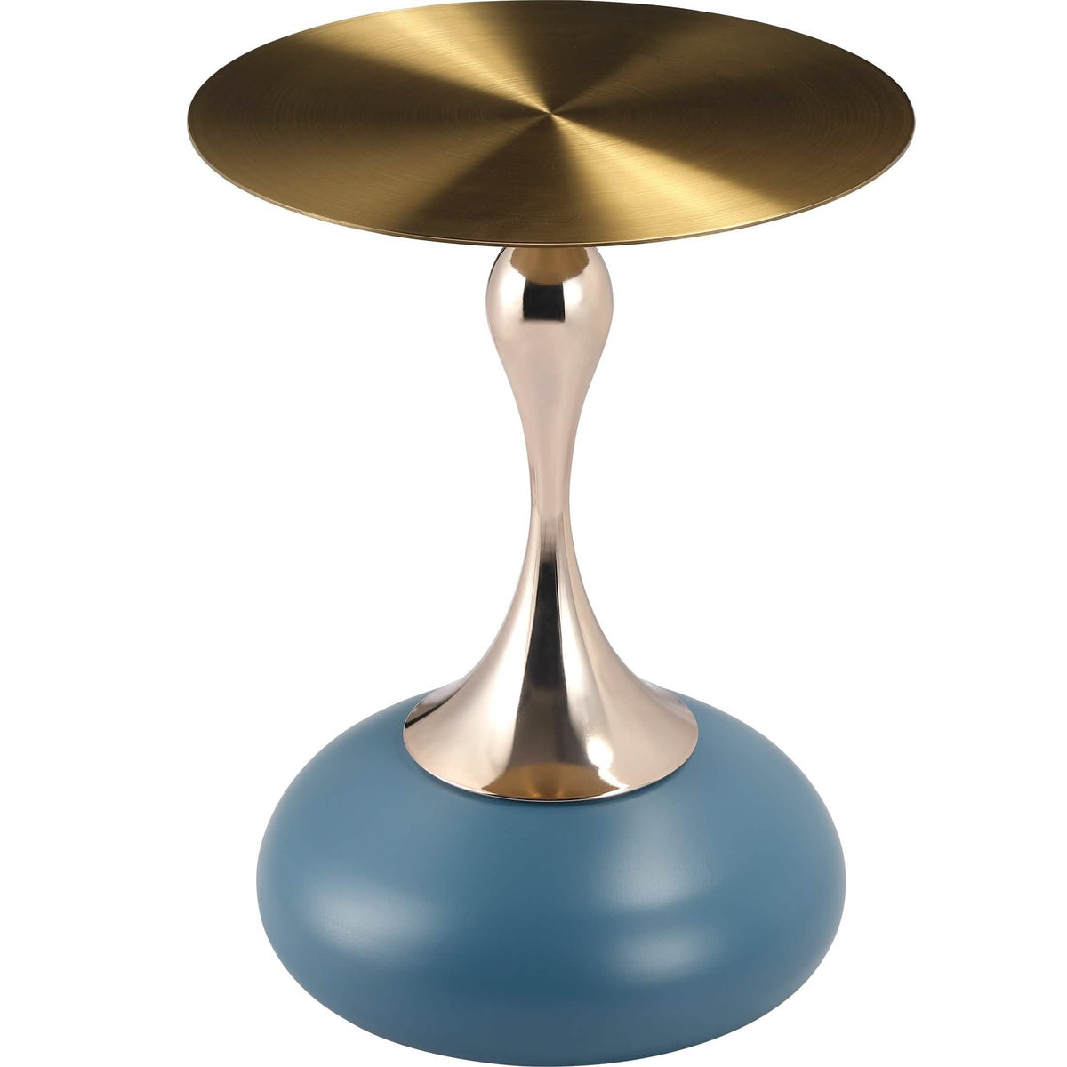 Savoy Wide Side Table with Stainless Steel Top Round Accent Table and Elegant Pedestal Base Gold Blue Side Table LeisureMod