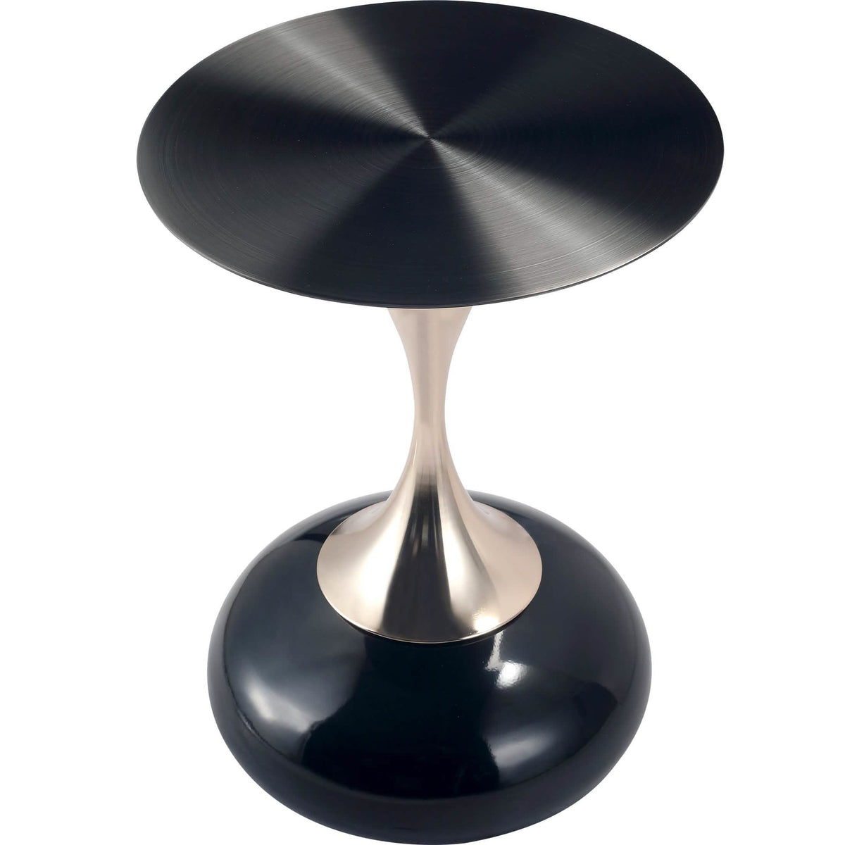 Savoy Wide Side Table with Stainless Steel Top Round Accent Table and Elegant Pedestal Base Black Shiny Black Side Table LeisureMod