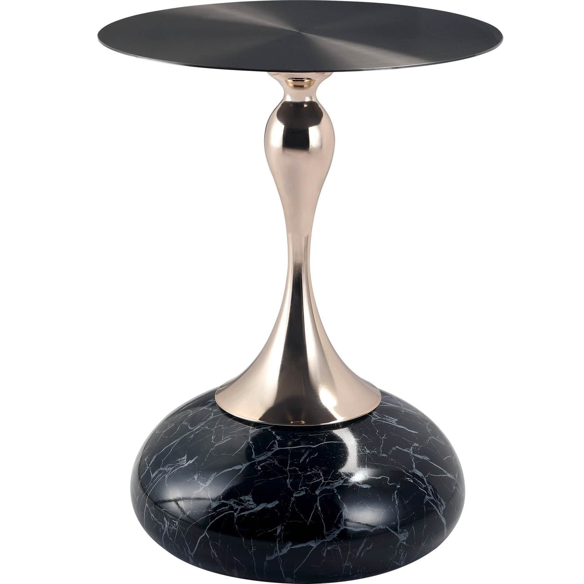 Savoy Wide Side Table with Stainless Steel Top Round Accent Table and Elegant Pedestal Base Black Stone Black Side Table LeisureMod