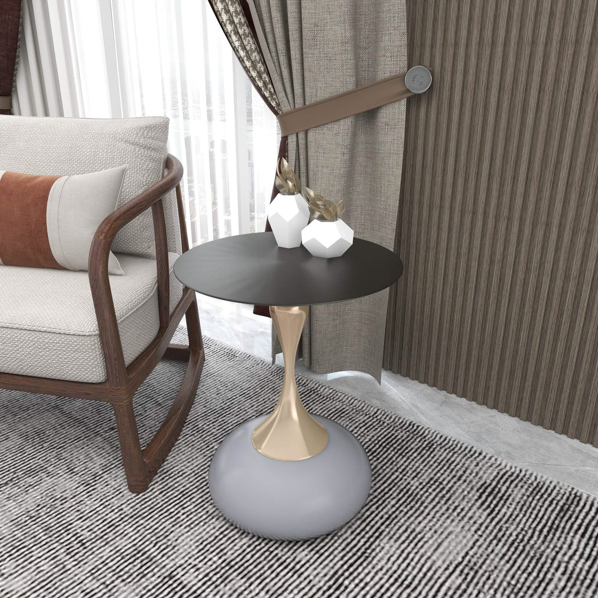 Savoy Wide Side Table with Stainless Steel Top Round Accent Table and Elegant Pedestal Base Black Stone Black Side Table LeisureMod