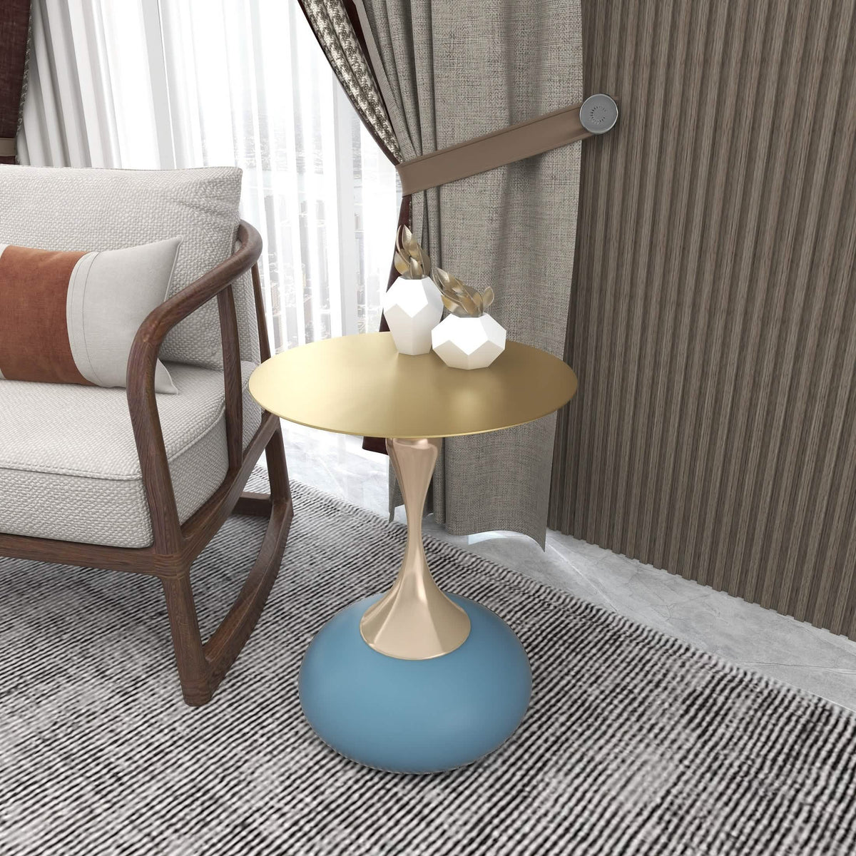 Savoy Wide Side Table with Stainless Steel Top Round Accent Table and Elegant Pedestal Base Gold Blue Side Table LeisureMod