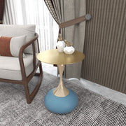 Savoy Wide Side Table with Stainless Steel Top Round Accent Table and Elegant Pedestal Base Gold Blue Side Table LeisureMod