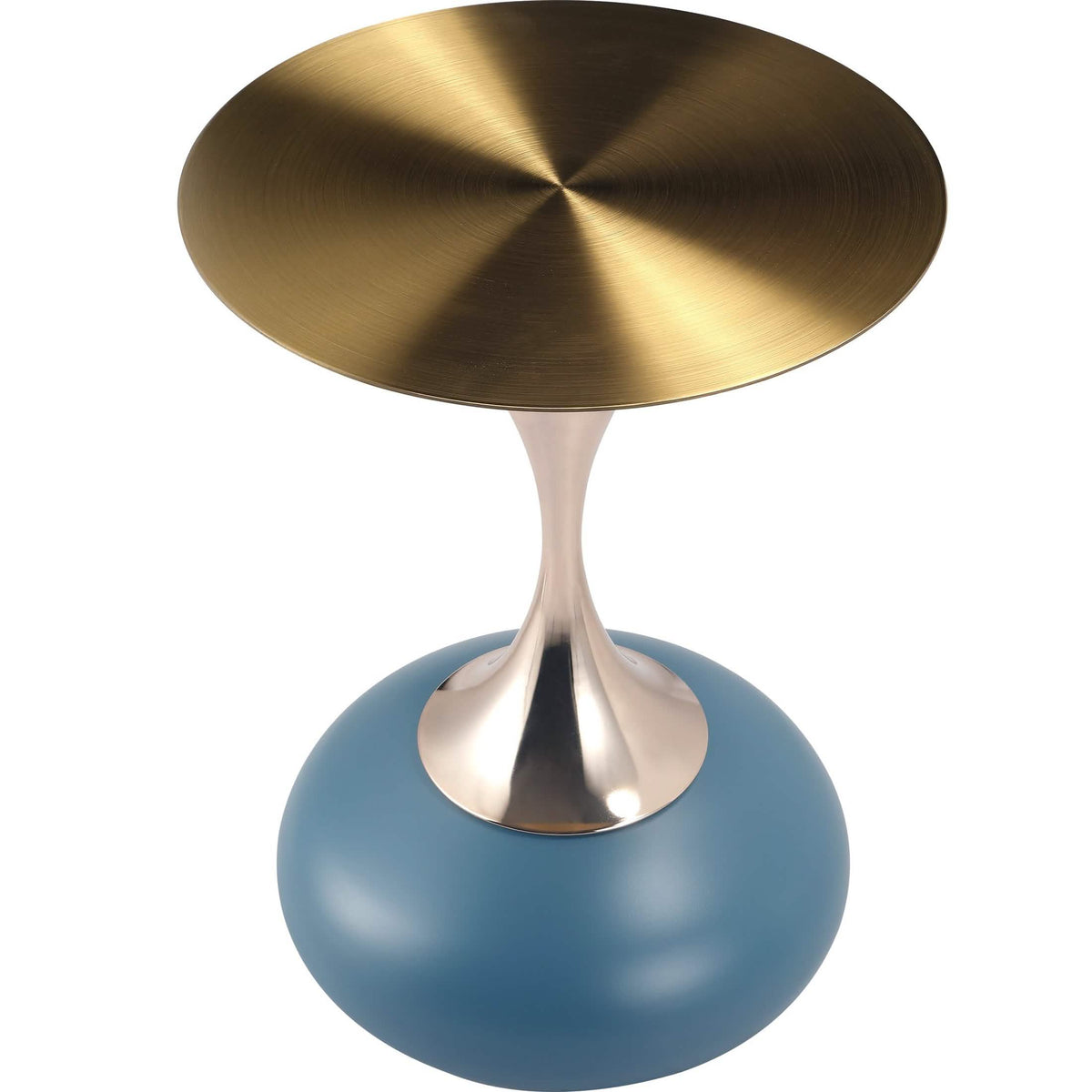 Savoy Wide Side Table with Stainless Steel Top Round Accent Table and Elegant Pedestal Base Gold Blue Side Table LeisureMod