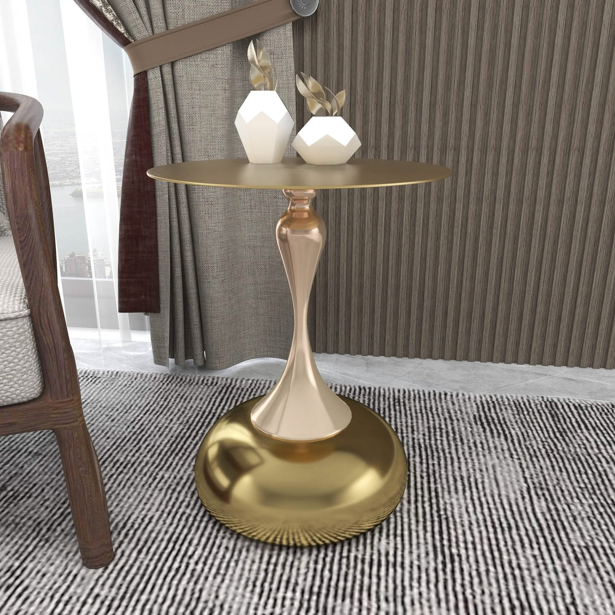 Savoy Wide Side Table with Stainless Steel Top Round Accent Table and Elegant Pedestal Base Gold Shiny Gold Side Table LeisureMod