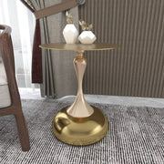 Savoy Wide Side Table with Stainless Steel Top Round Accent Table and Elegant Pedestal Base Gold Shiny Gold Side Table LeisureMod