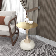 Savoy Wide Side Table with Stainless Steel Top Round Accent Table and Elegant Pedestal Base Gold White Side Table LeisureMod