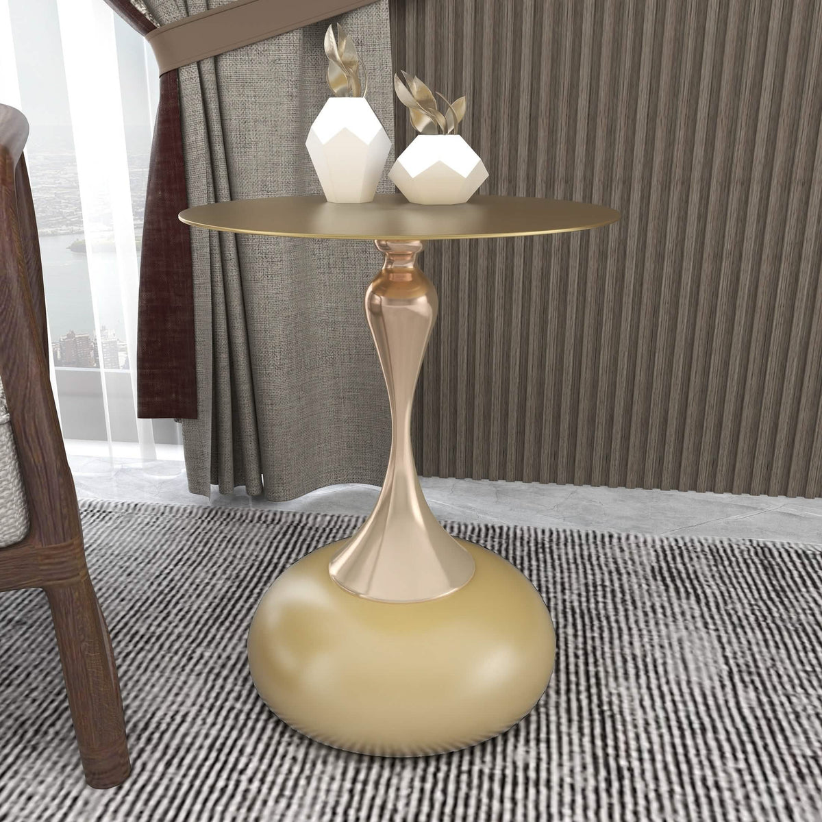 Savoy Wide Side Table with Stainless Steel Top Round Accent Table and Elegant Pedestal Base Gold Matte Gold Side Table LeisureMod