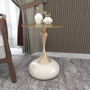 Savoy Wide Side Table with Stainless Steel Top Round Accent Table and Elegant Pedestal Base Gold White Side Table LeisureMod