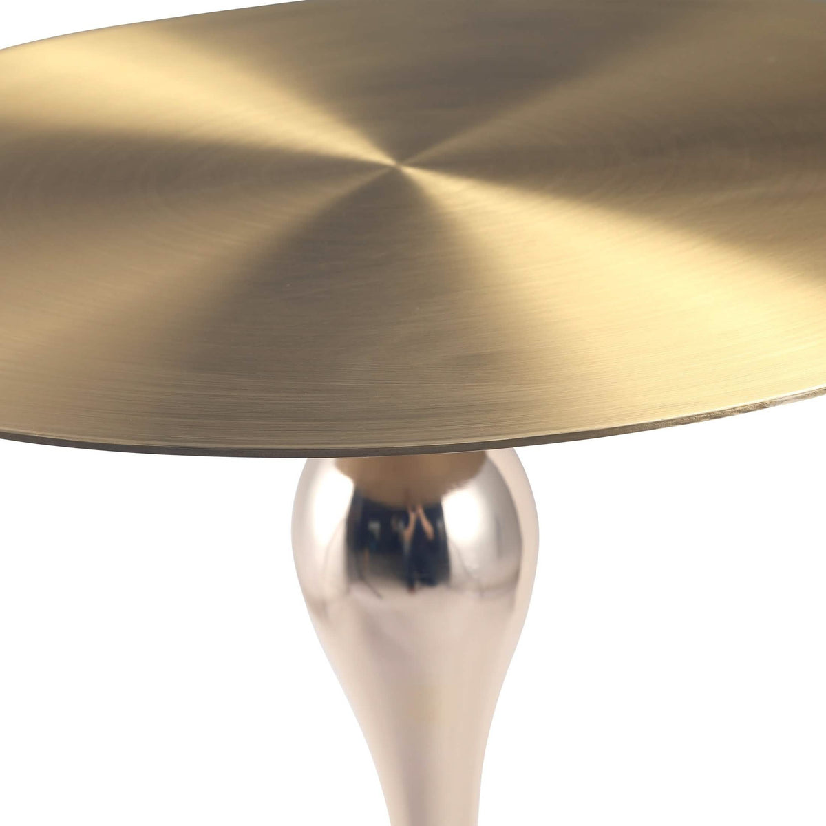 Savoy Wide Side Table with Stainless Steel Top Round Accent Table and Elegant Pedestal Base Gold White Side Table LeisureMod