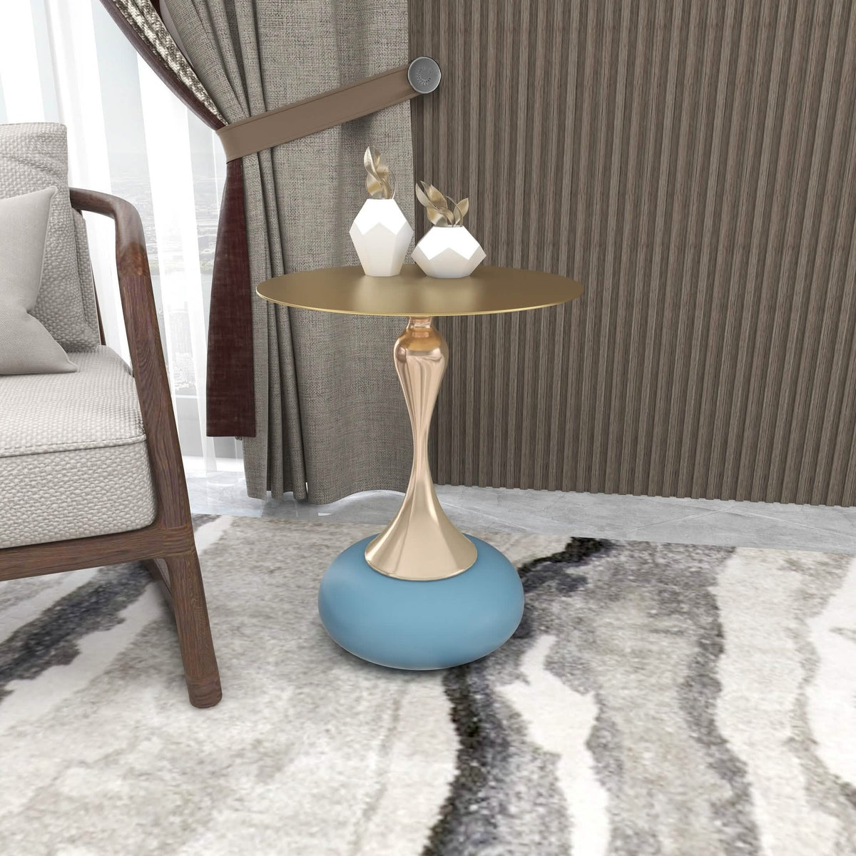 Savoy Wide Side Table with Stainless Steel Top Round Accent Table and Elegant Pedestal Base Gold Blue Side Table LeisureMod