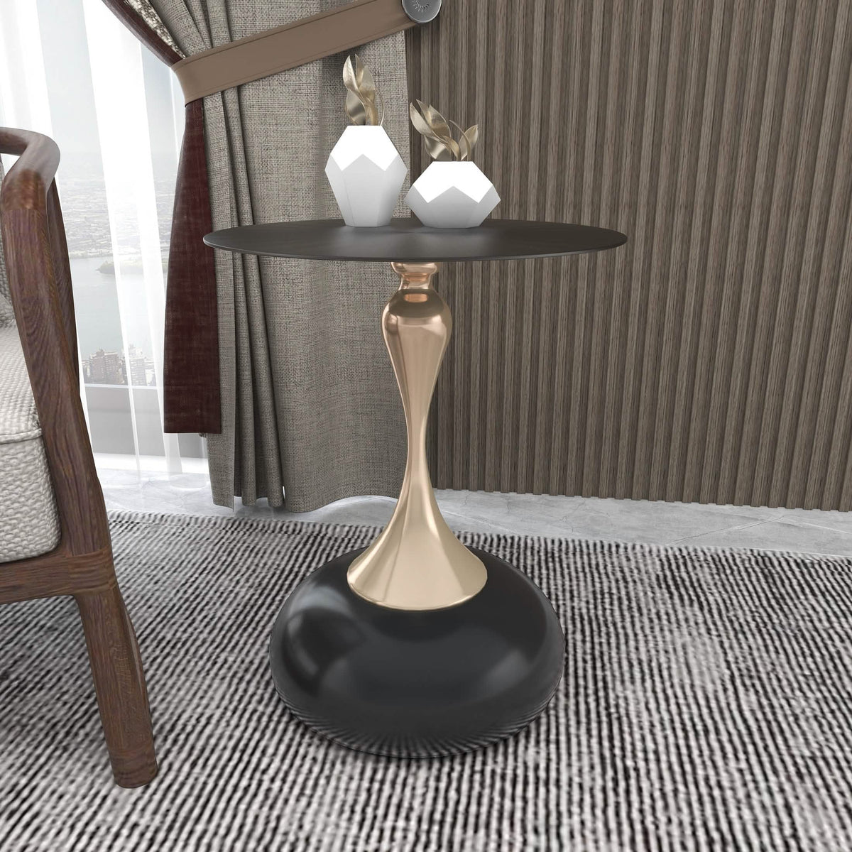 Savoy Wide Side Table with Stainless Steel Top Round Accent Table and Elegant Pedestal Base Black Shiny Black Side Table LeisureMod