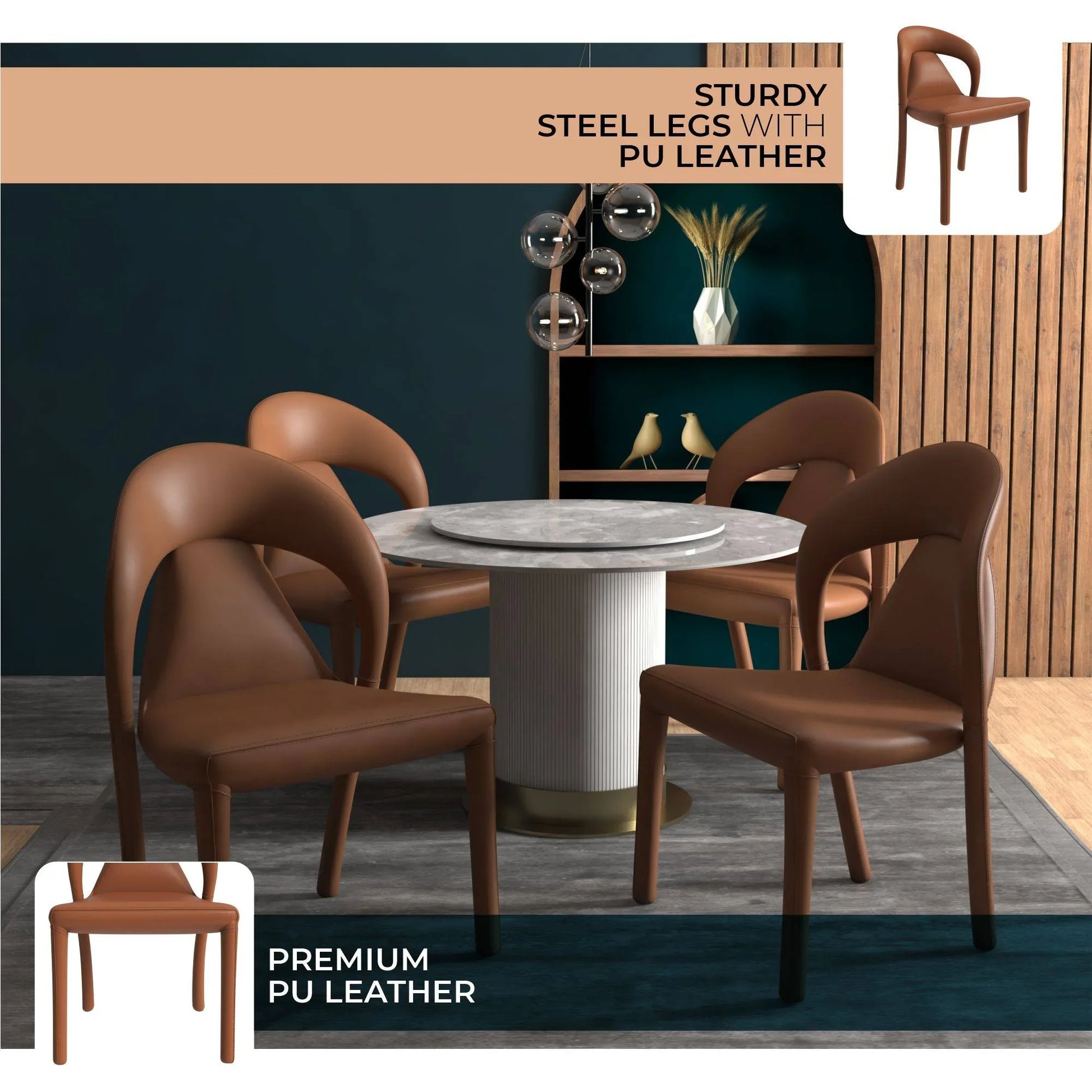 Solace Series Dining Chair Upholstered in Leather with Steel Legs and an Open Back Design - Elax Furniture