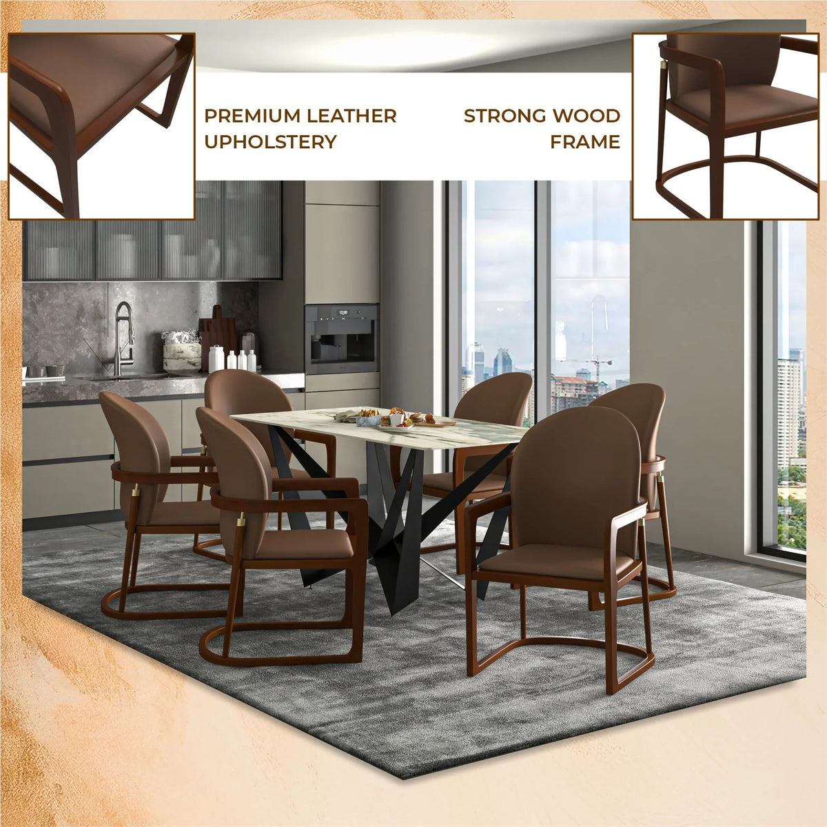 Svelta Dining Chair in Upholstered Leather Accent Arm Chair and Rubberwood Frame and Legs - Elax Furniture