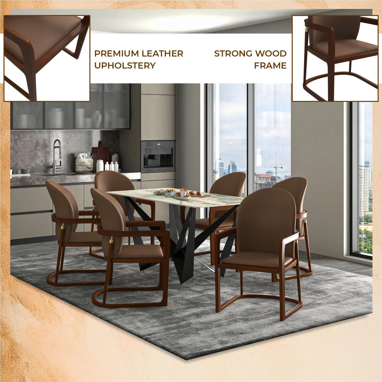 Svelta Dining Chair in Upholstered Leather Accent Arm Chair and Rubberwood Frame and Legs - Elax Furniture