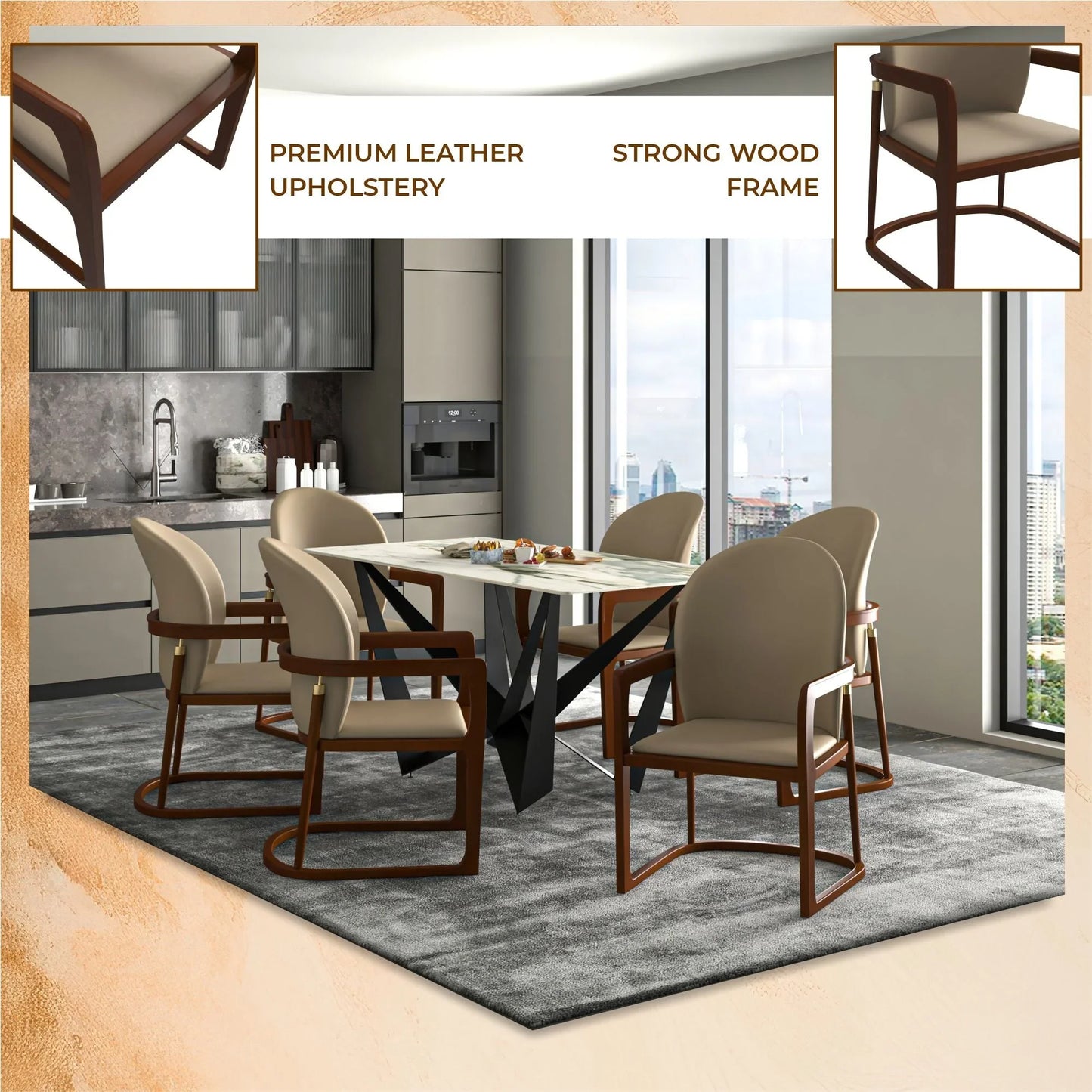 Svelta Dining Chair in Upholstered Leather Accent Arm Chair and Rubberwood Frame and Legs - Elax Furniture