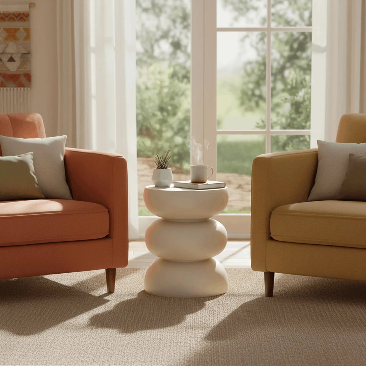Sonia 13" Round Fiberstone Side Table with Three-Tier Design and Powder-Coated Finish Beige Side Table LeisureMod