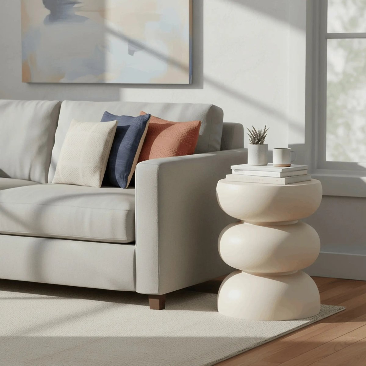 Sonia 13" Round Fiberstone Side Table with Three-Tier Design and Powder-Coated Finish Beige Side Table LeisureMod