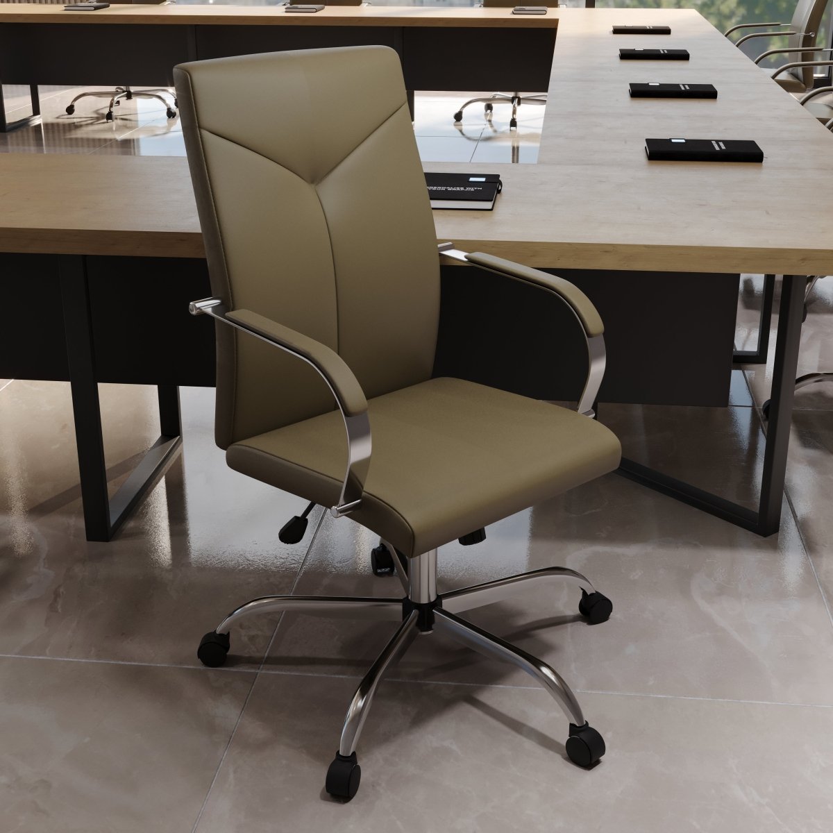 Sonora High-Back Leather Office Chair in Chrome Steel Base Olive Green Office Chair Leisuremod