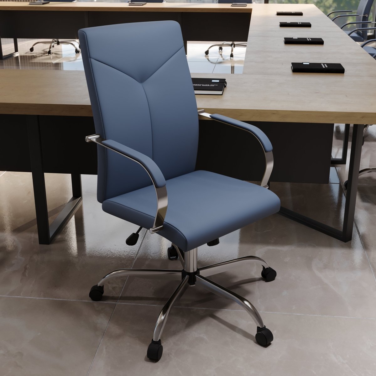 Sonora High-Back Leather Office Chair in Chrome Steel Base Navy Blue Office Chair Leisuremod