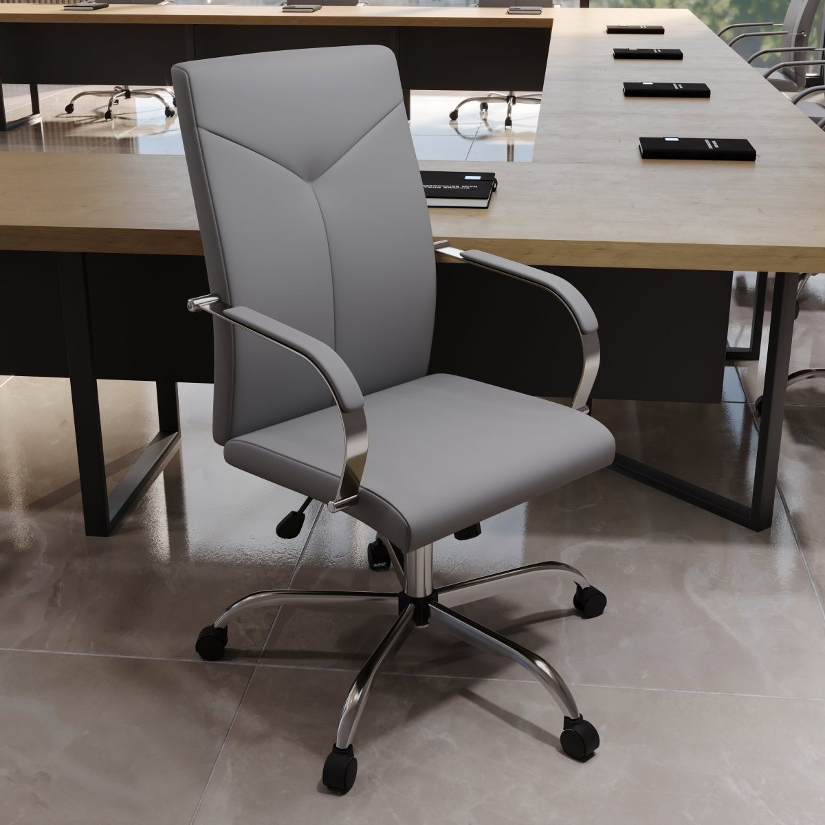 Sonora High-Back Leather Office Chair in Chrome Steel Base Grey Office Chair Leisuremod