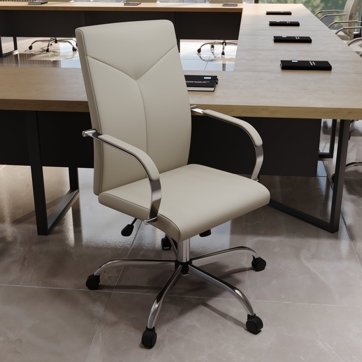 Sonora High-Back Leather Office Chair in Chrome Steel Base Tan Office Chair Leisuremod
