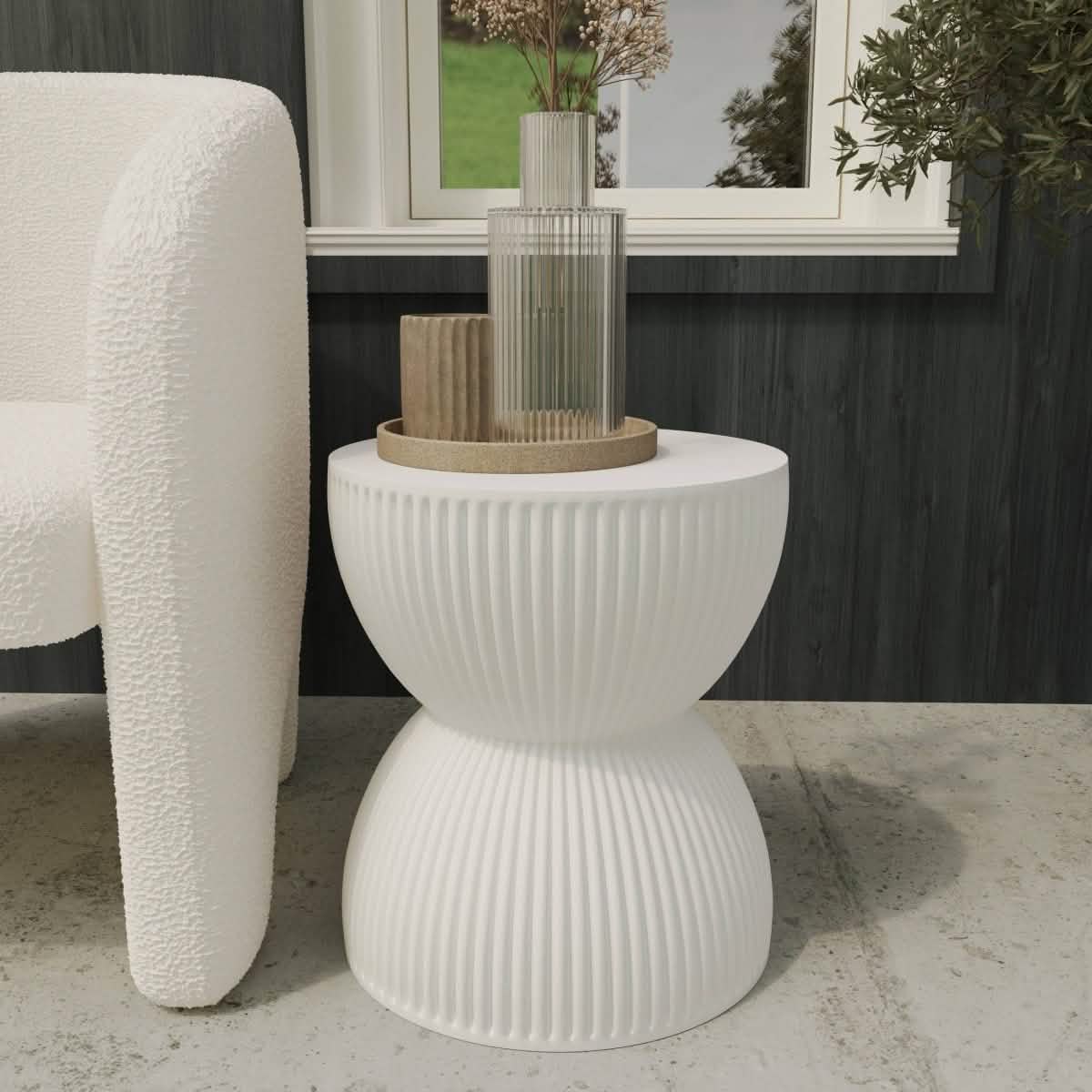 Spire 15" Wide Round Side Fiberstone Table With Hourglass Design White Side Table Leisuremod