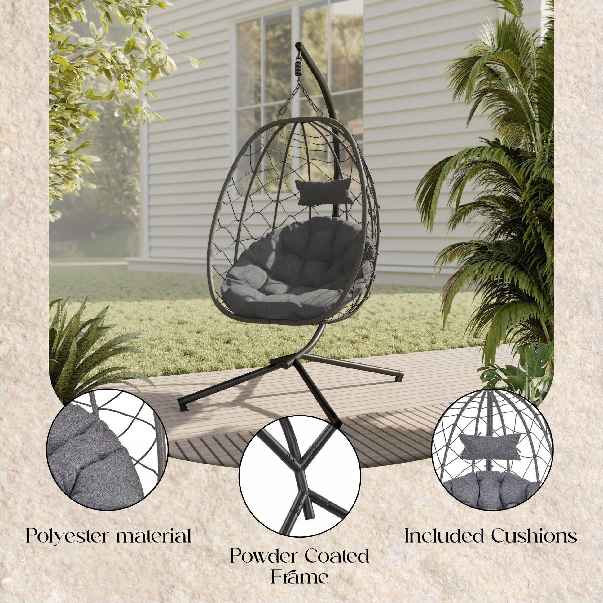 Summit Outdoor Single Person Egg Swing Chair in Grey Steel Frame With Removable Cushions - Elax Furniture