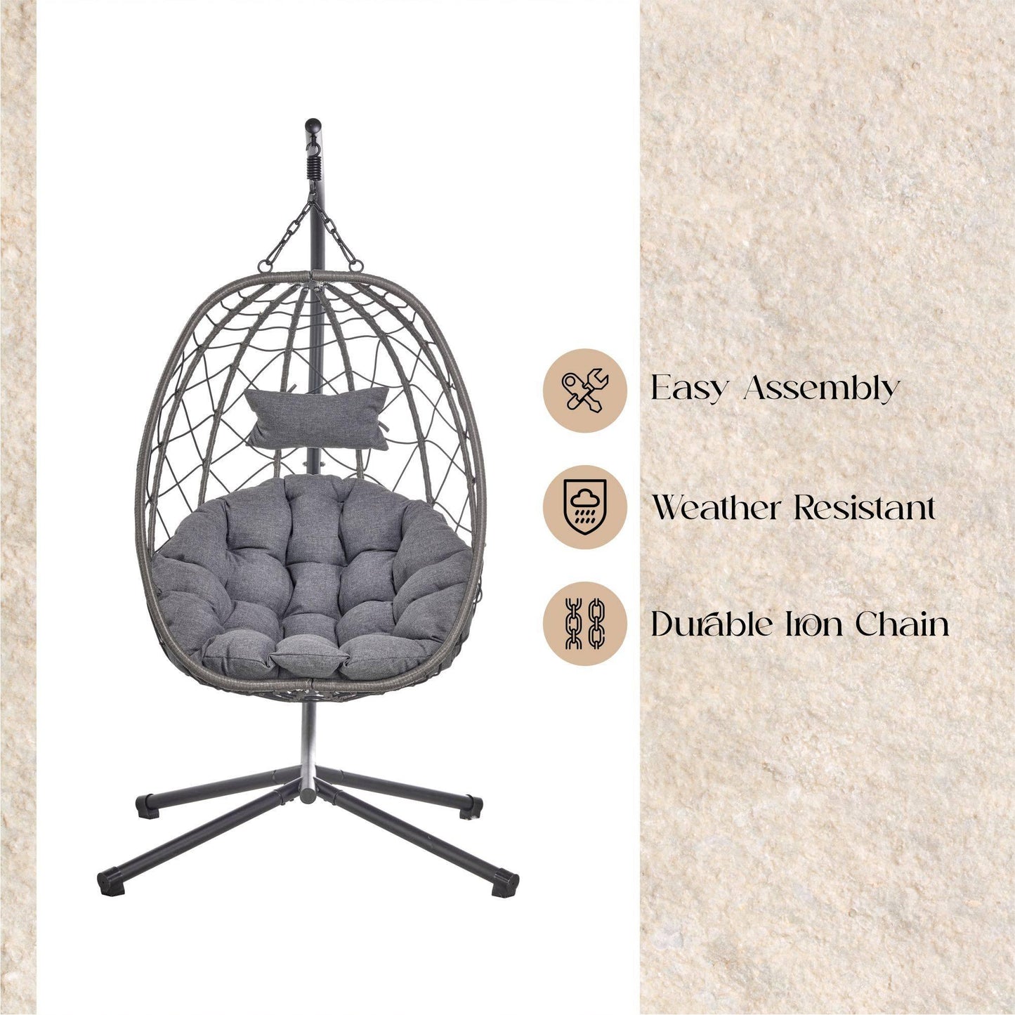 Summit Outdoor Single Person Egg Swing Chair in Grey Steel Frame With Removable Cushions - Elax Furniture