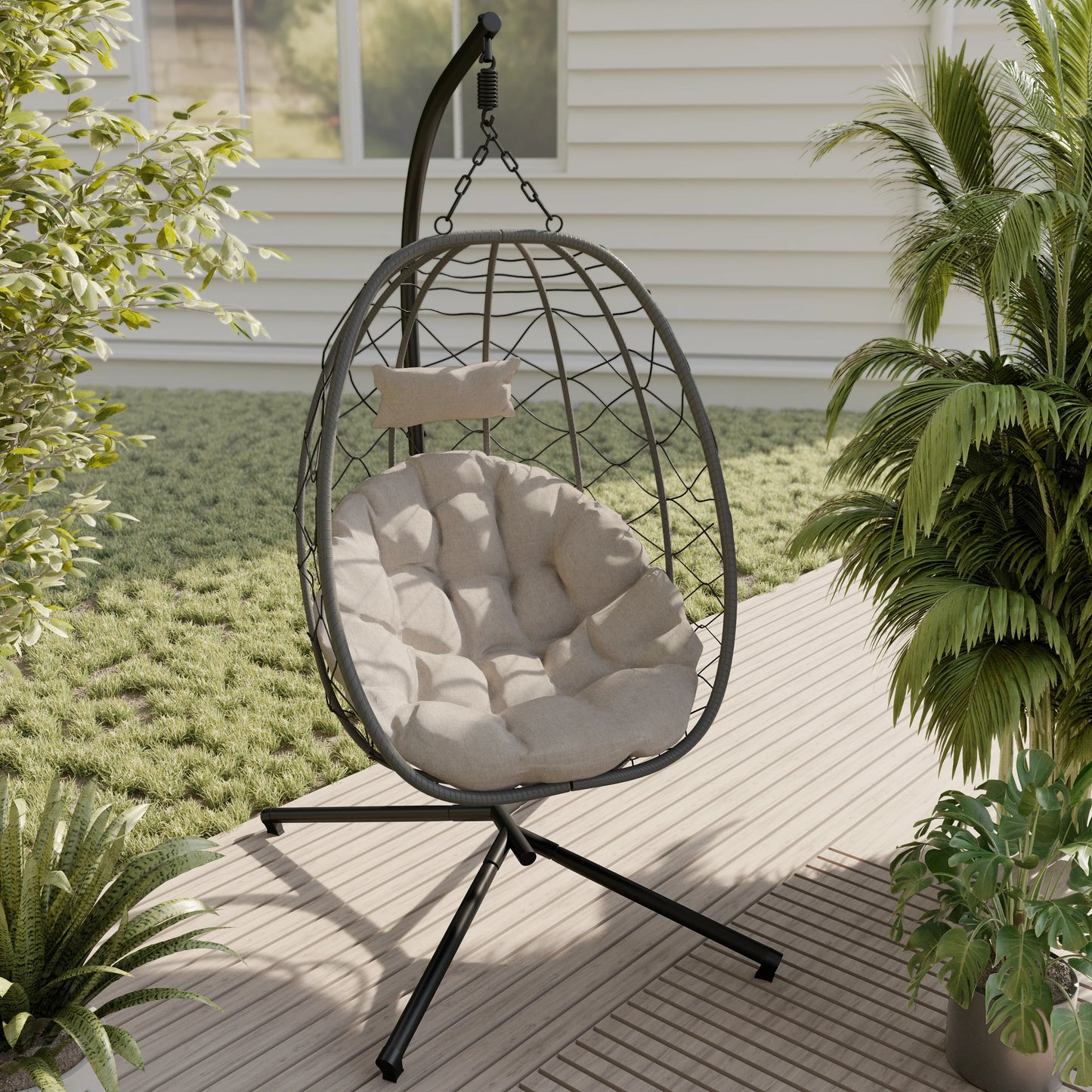 Summit Outdoor Single Person Egg Swing Chair in Grey Steel Frame With Removable Cushions - Elax Furniture