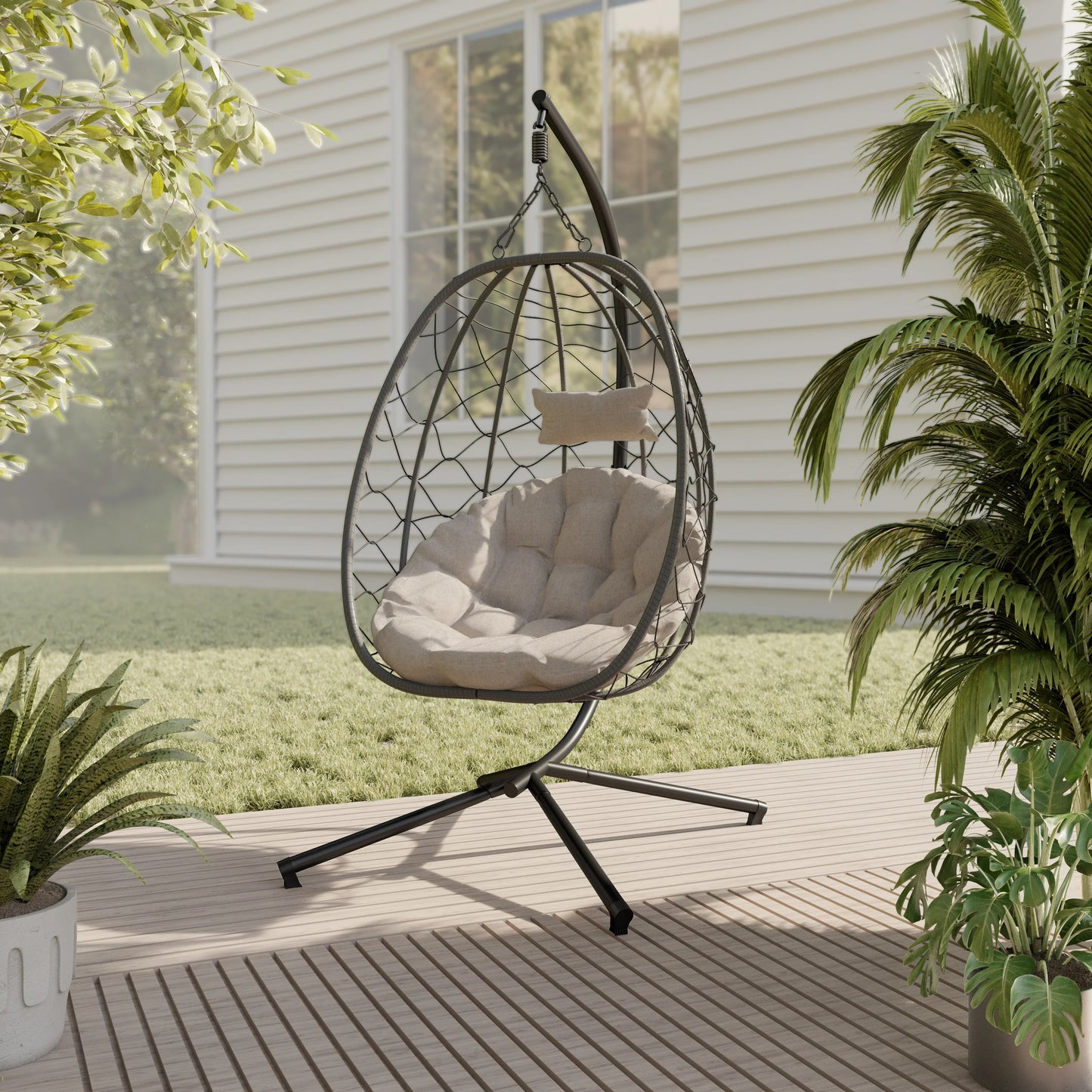 Summit Outdoor Single Person Egg Swing Chair in Grey Steel Frame With Removable Cushions - Elax Furniture