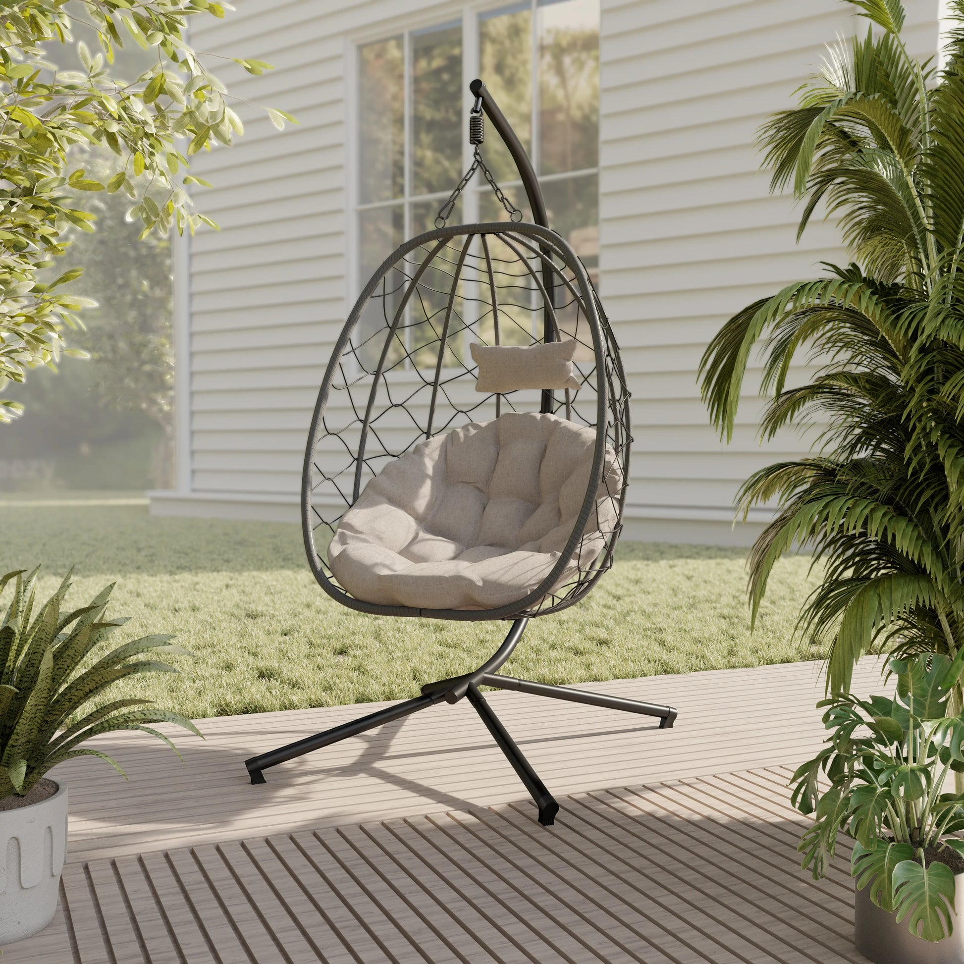 Summit Outdoor Single Person Egg Swing Chair in Grey Steel Frame With Removable Cushions - Elax Furniture