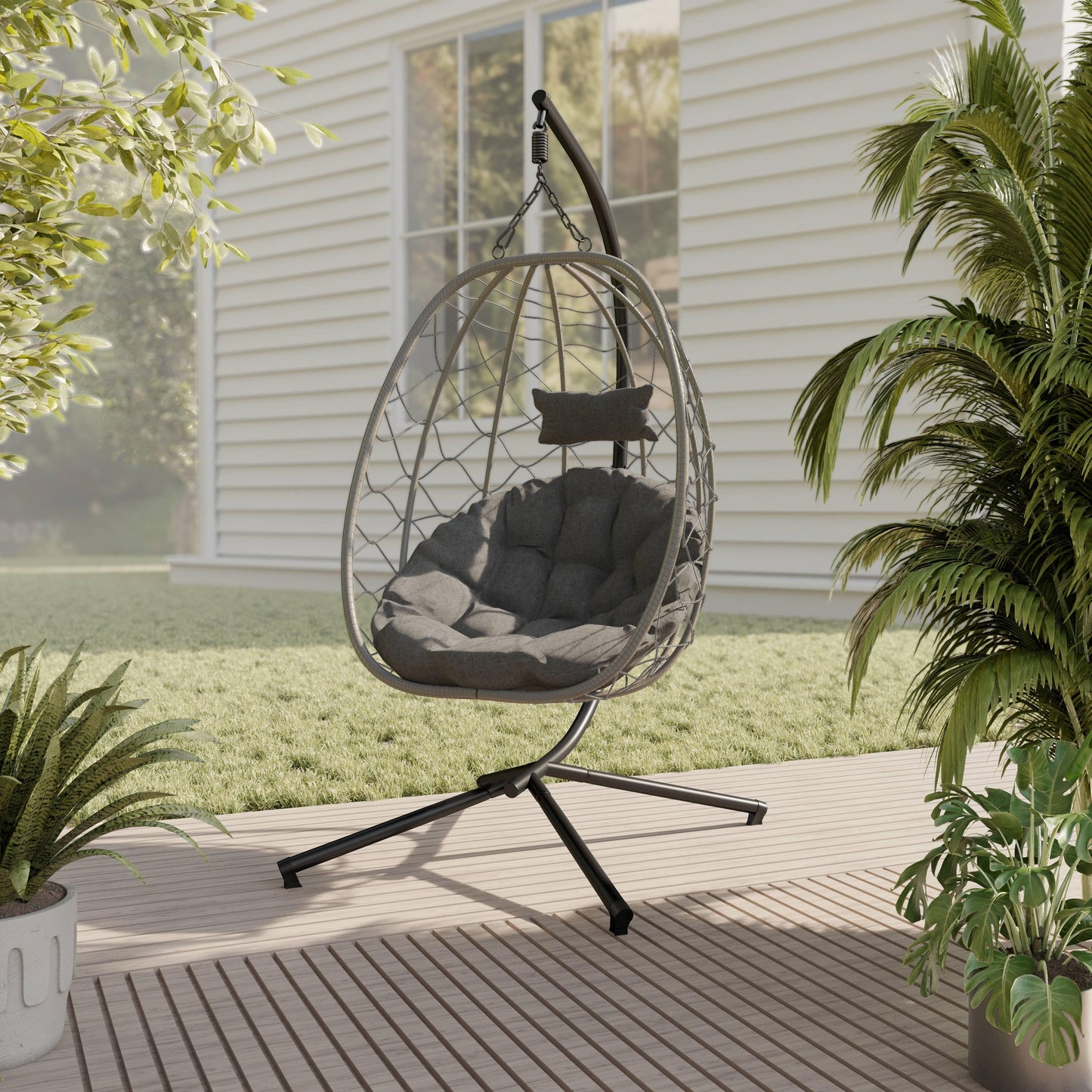 Summit Outdoor Single Person Egg Swing Chair in Grey Steel Frame With Removable Cushions - Elax Furniture