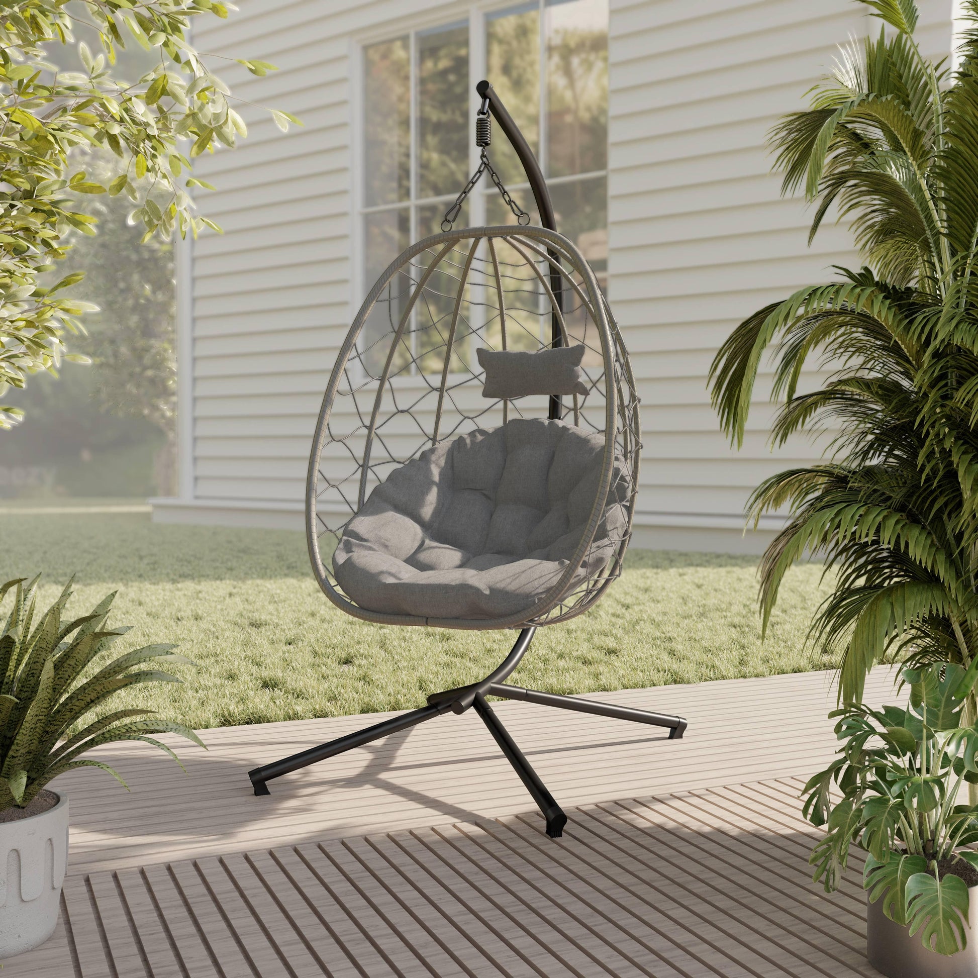 Summit Outdoor Single Person Egg Swing Chair in Grey Steel Frame With Removable Cushions - Elax Furniture
