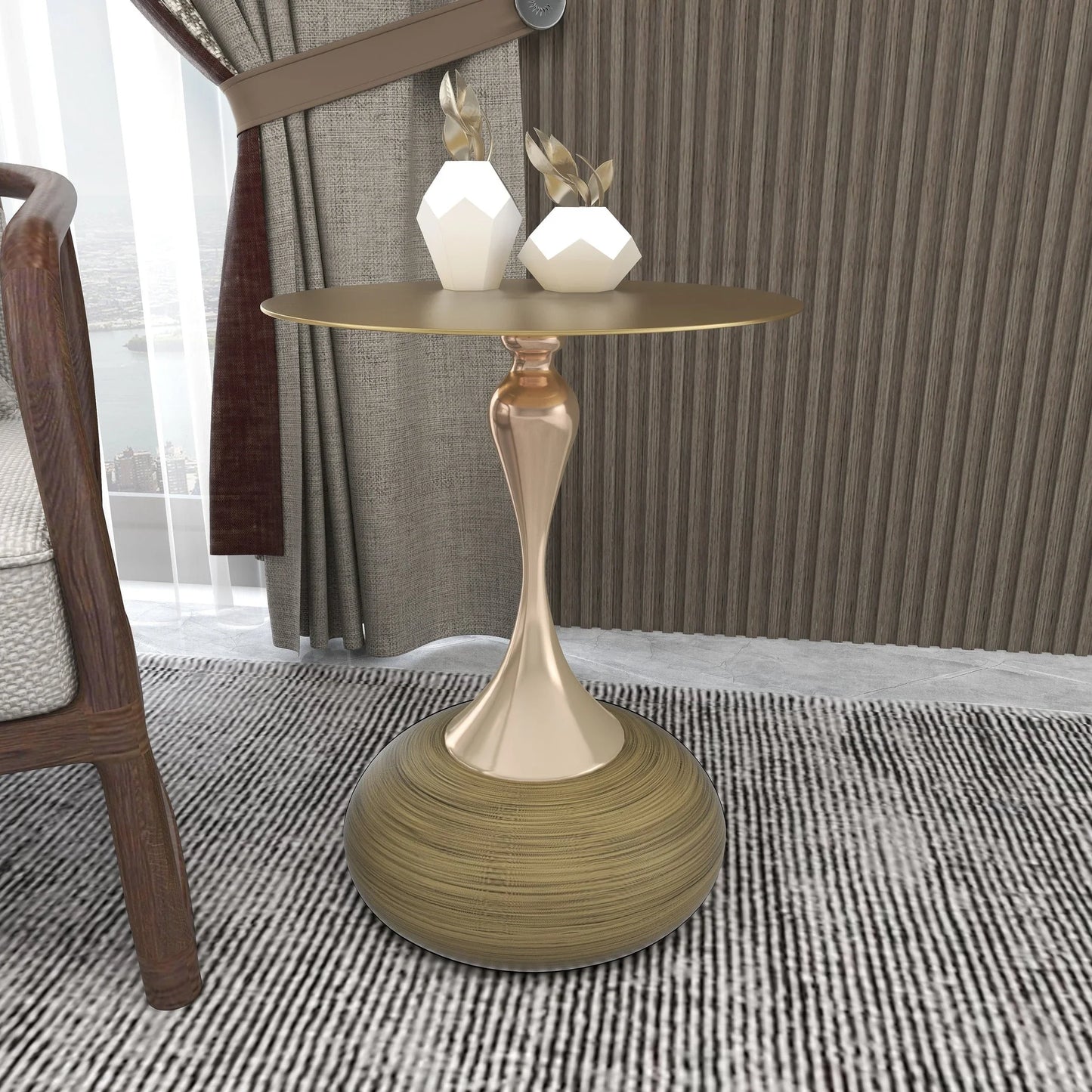 Savoy Wide Side Table with Gold Stainless Steel Top Round Accent Table and Elegant Pedestal Base - Elax Furniture
