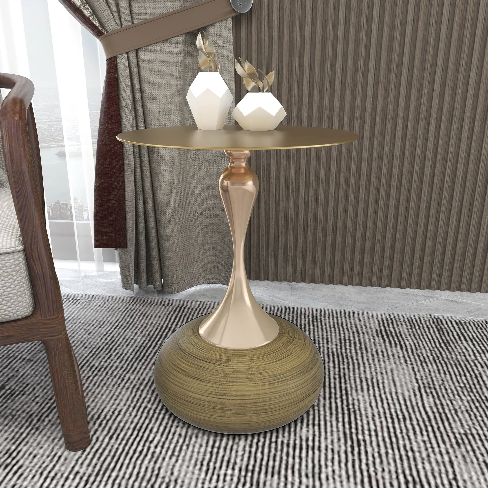 Savoy Wide Side Table with Gold Stainless Steel Top Round Accent Table and Elegant Pedestal Base - Elax Furniture