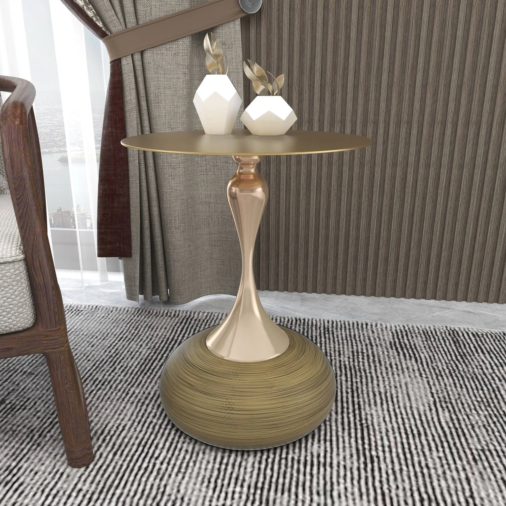 Savoy Wide Side Table with Gold Stainless Steel Top Round Accent Table and Elegant Pedestal Base - Elax Furniture