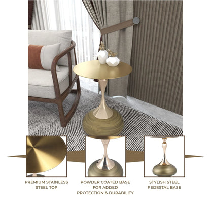 Savoy Wide Side Table with Gold Stainless Steel Top Round Accent Table and Elegant Pedestal Base - Elax Furniture