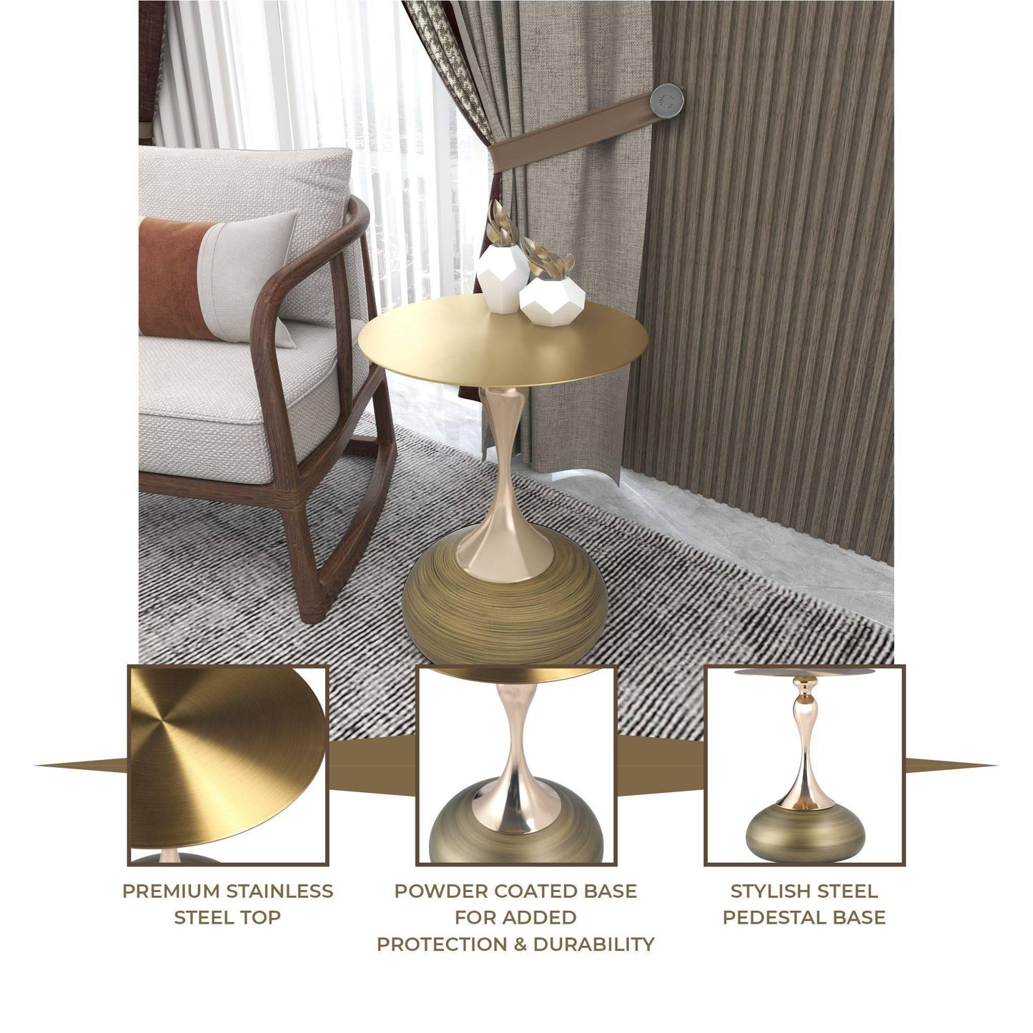 Savoy Wide Side Table with Gold Stainless Steel Top Round Accent Table and Elegant Pedestal Base - Elax Furniture