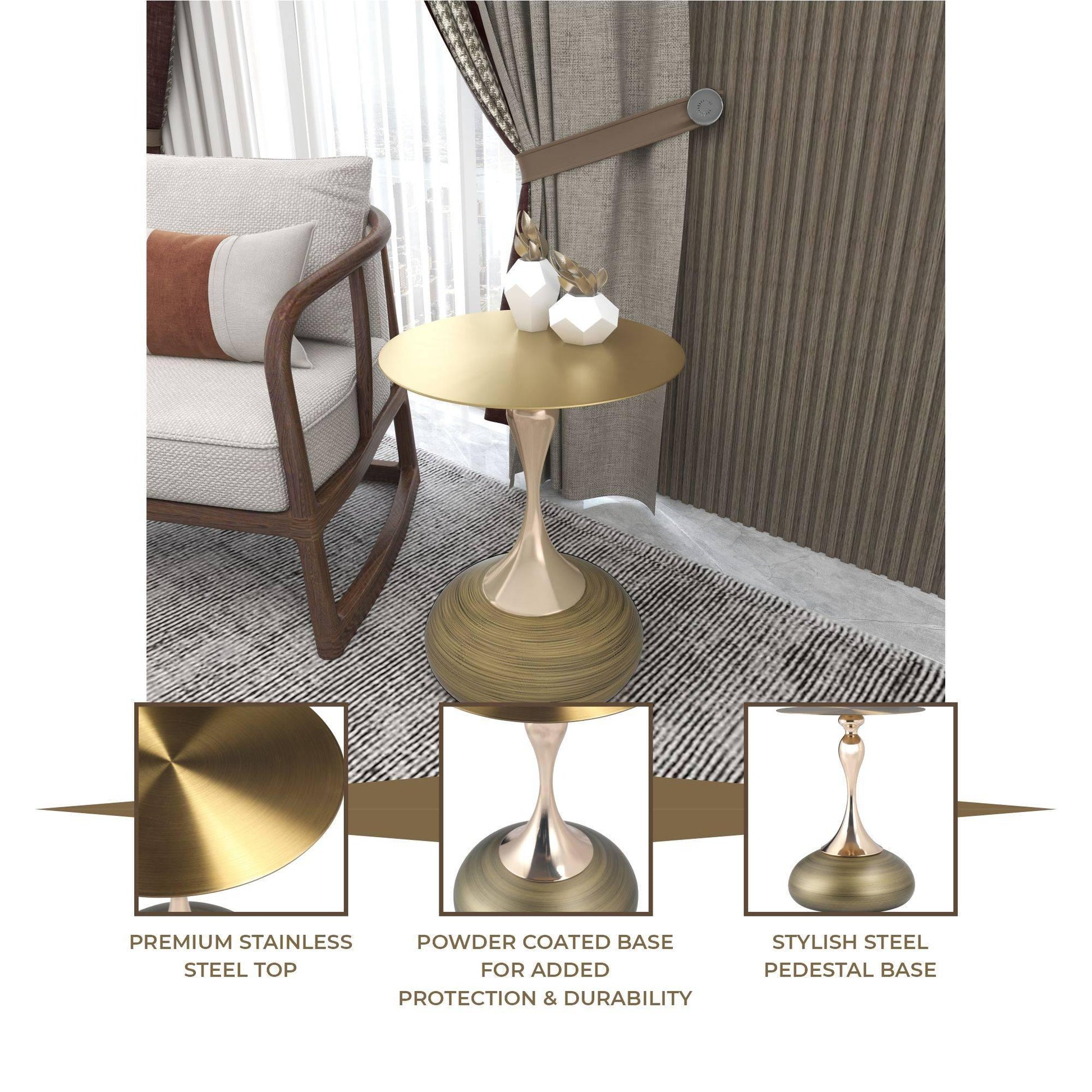 Savoy Wide Side Table with Gold Stainless Steel Top Round Accent Table and Elegant Pedestal Base - Elax Furniture