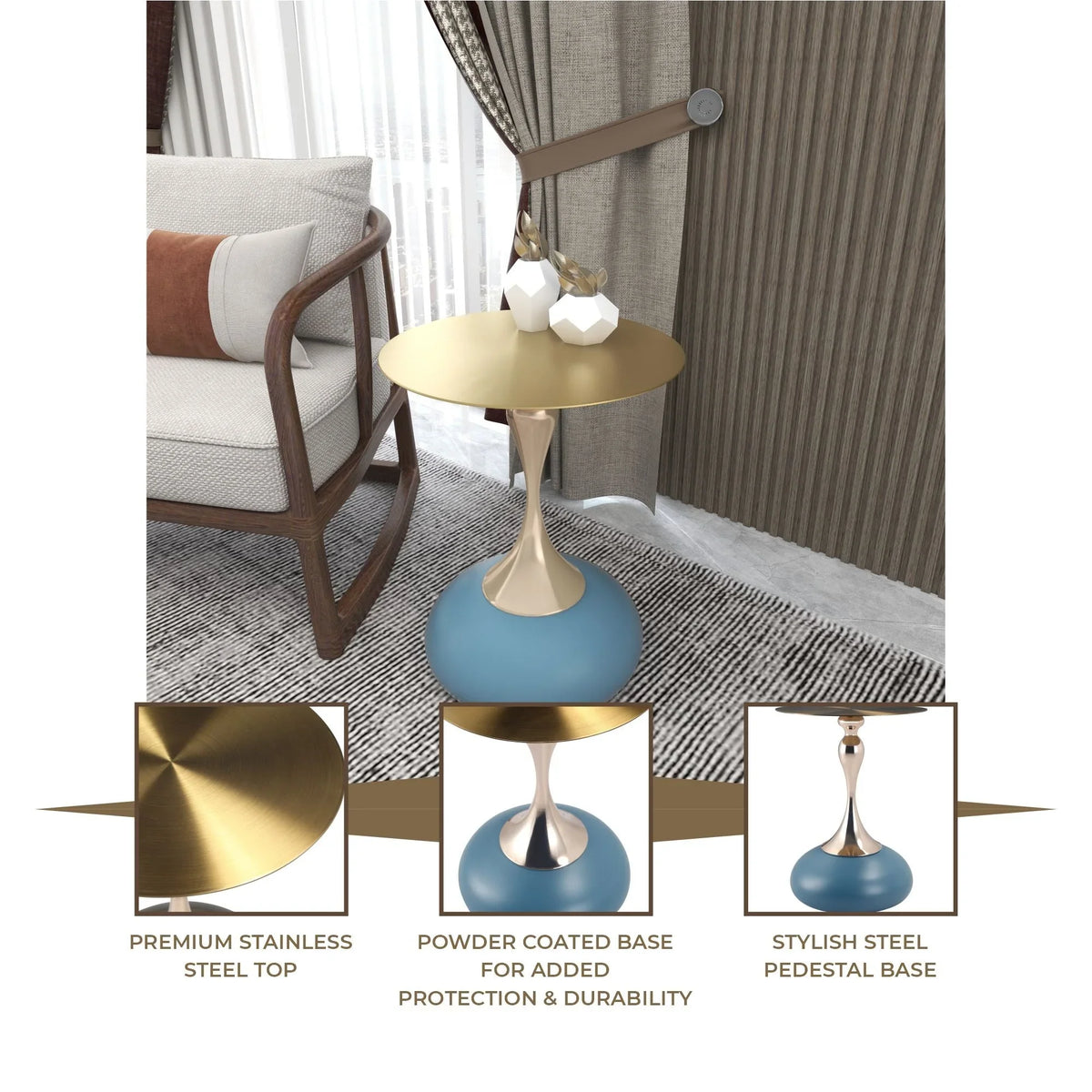 Savoy Wide Side Table with Gold Stainless Steel Top Round Accent Table and Elegant Pedestal Base - Elax Furniture