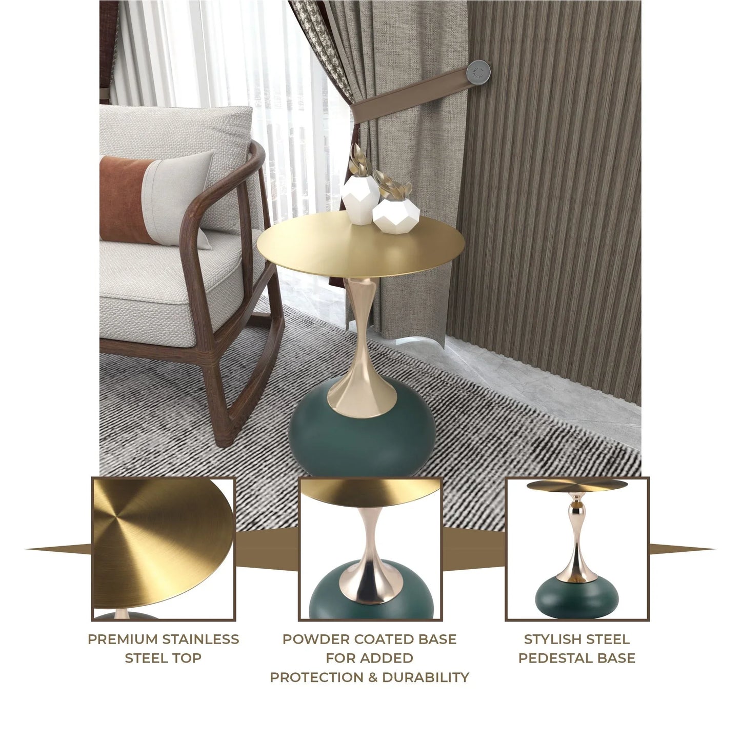 Savoy Wide Side Table with Gold Stainless Steel Top Round Accent Table and Elegant Pedestal Base - Elax Furniture