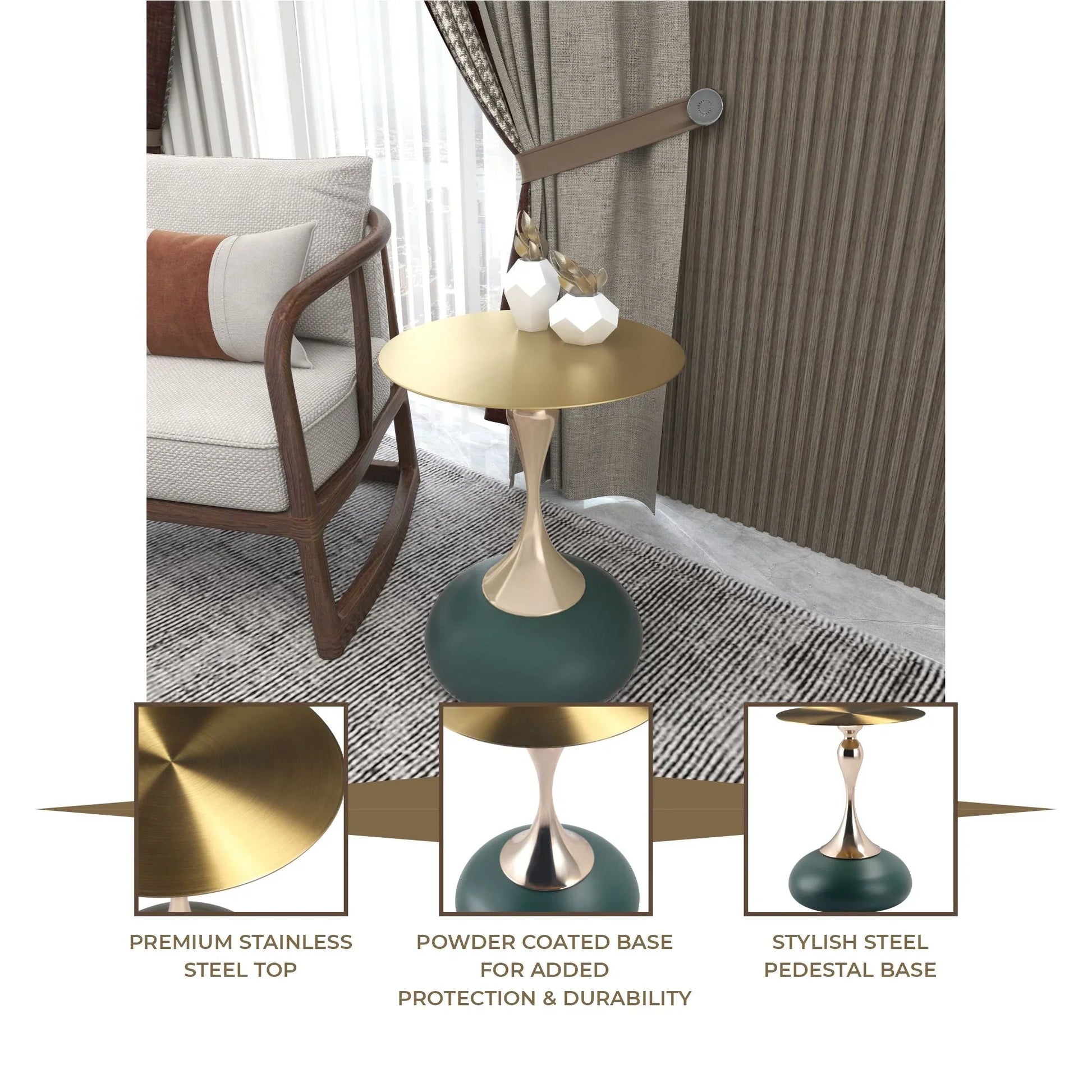 Savoy Wide Side Table with Gold Stainless Steel Top Round Accent Table and Elegant Pedestal Base - Elax Furniture