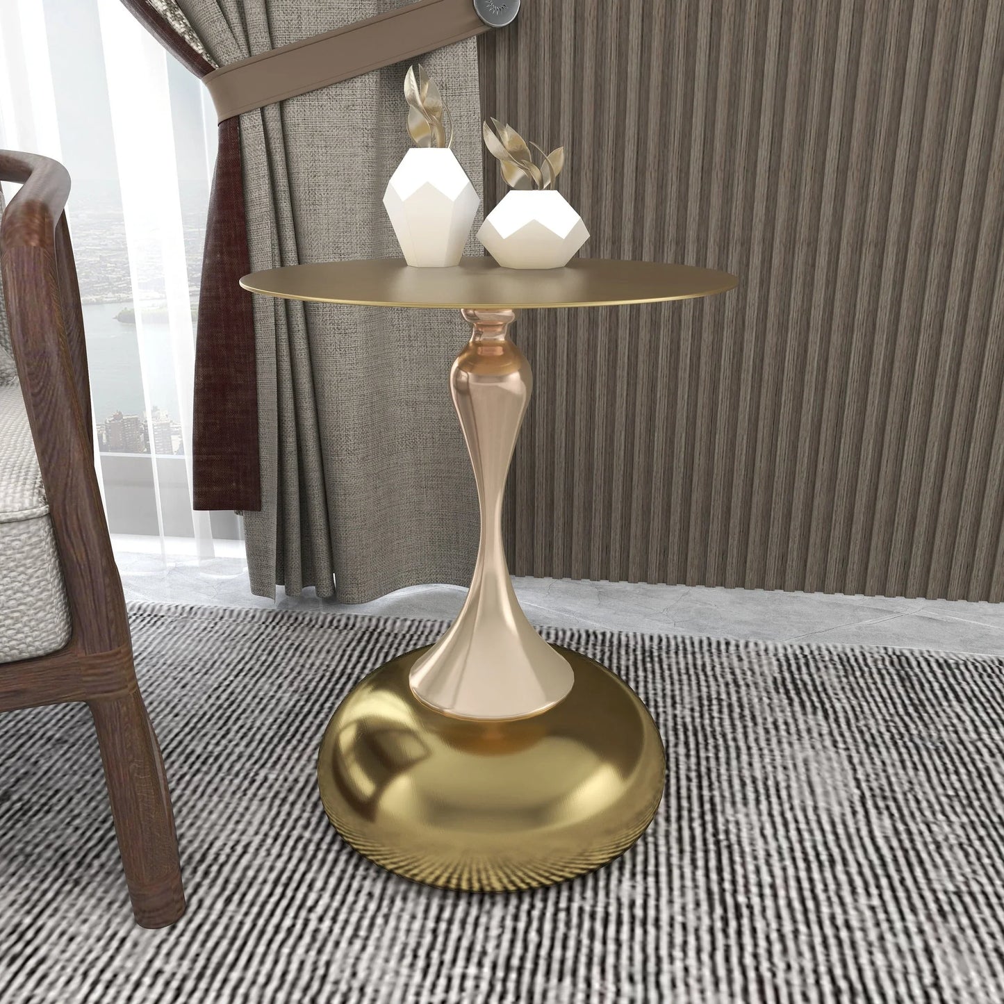 Savoy Wide Side Table with Gold Stainless Steel Top Round Accent Table and Elegant Pedestal Base - Elax Furniture