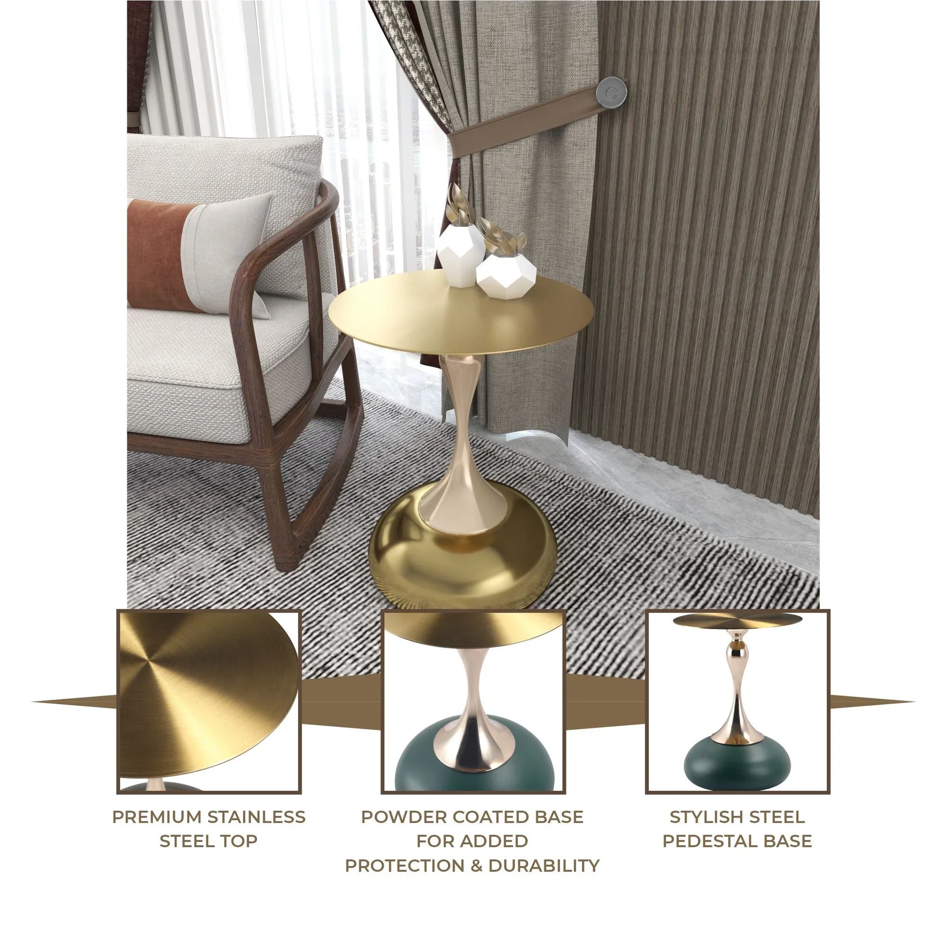 Savoy Wide Side Table with Gold Stainless Steel Top Round Accent Table and Elegant Pedestal Base - Elax Furniture